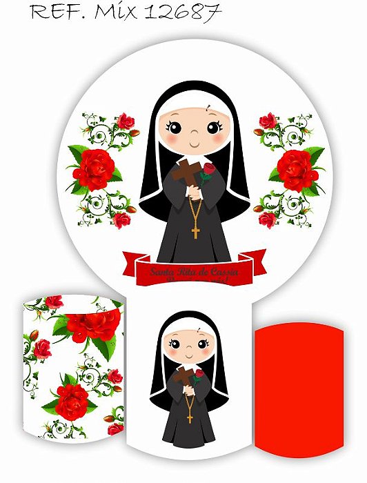 Painel Redondo Sublimado Santinha  Santa Rita  + Trio de Cilindros Veste Fácil