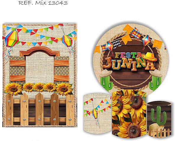 Painel Redondo Sublimado Festa Junina + Trio de Cilindros Veste Fácil + Painel Lateral