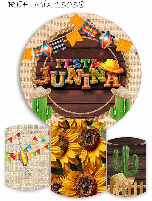 Painel Redondo Sublimado Festa Junina + Trio de Cilindros Veste Fácil