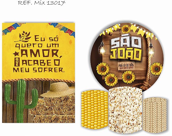 Painel Redondo Sublimado Festa Junina + Trio de Cilindros Veste Fácil + Painel Lateral