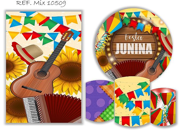 Painel Redondo Sublimado Festa Junina + Trio de Cilindros Veste Fácil + Painel Lateral