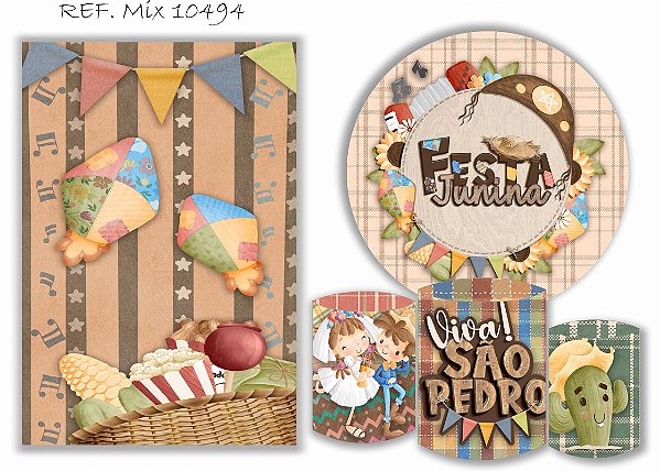 Painel Redondo Sublimado Festa Junina + Trio de Cilindros Veste Fácil + Painel Lateral