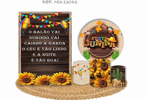 Painel Redondo Sublimado Festa Junina + Trio de Cilindros Veste Fácil + Painel Lateral  + Tapete
