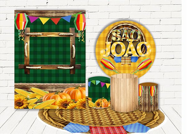 Painel Redondo Sublimado Festa Junina + Trio de Cilindros Veste Fácil + Painel Lateral  + Tapete