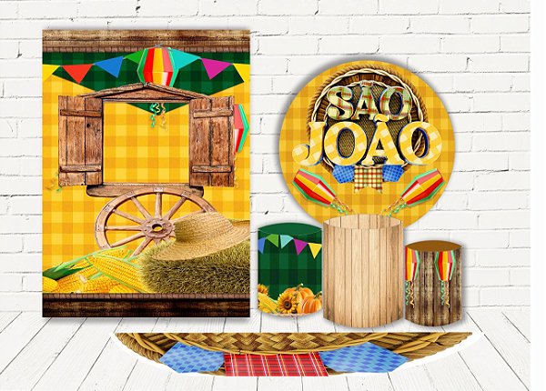 Painel Redondo Sublimado Festa Junina + Trio de Cilindros Veste Fácil + Painel Lateral  + Tapete