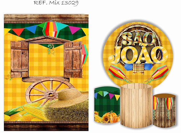 Painel Redondo Sublimado Festa Junina + Trio de Cilindros Veste Fácil + Painel Lateral