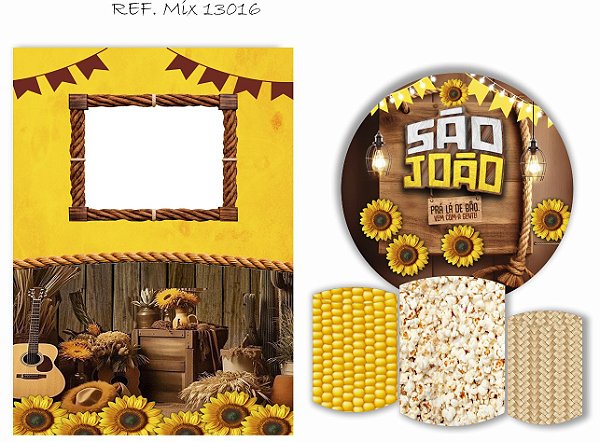 Painel Redondo Sublimado Festa Junina + Trio de Cilindros Veste Fácil + Painel Lateral