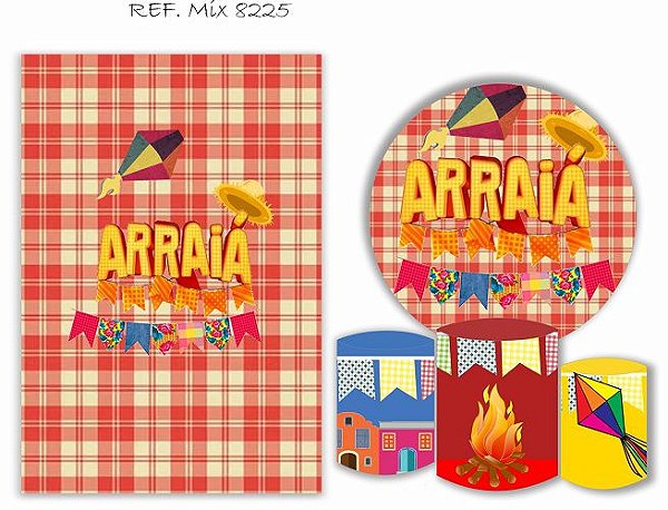 Painel Redondo Sublimado Festa Junina + Trio de Cilindros Veste Fácil + Painel Lateral