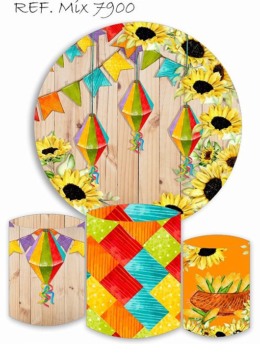 Painel Redondo Sublimado Festa Junina + Trio de Cilindros Veste Fácil