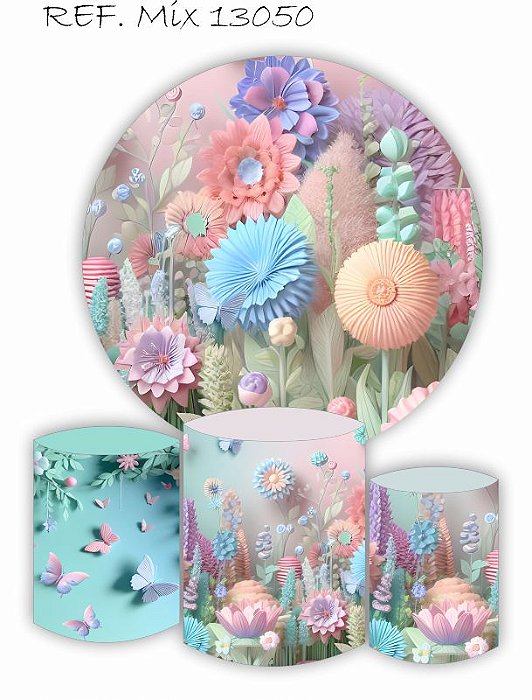 Painel Redondo Sublimado Jardim + Trio de Cilindros Veste Fácil