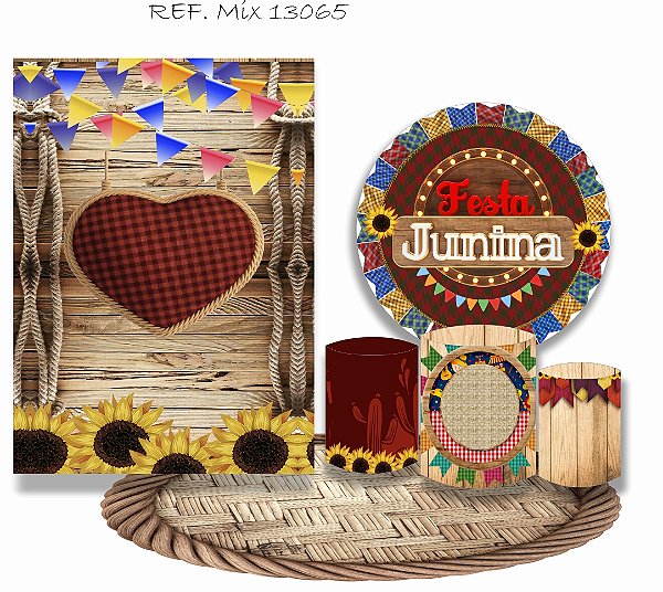 Painel Redondo Sublimado Festa Junina + Trio de Cilindros Veste Fácil + Painel Lateral  + Tapete