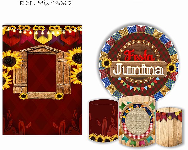 Painel Redondo Sublimado Festa Junina + Trio de Cilindros Veste Fácil + Painel Lateral