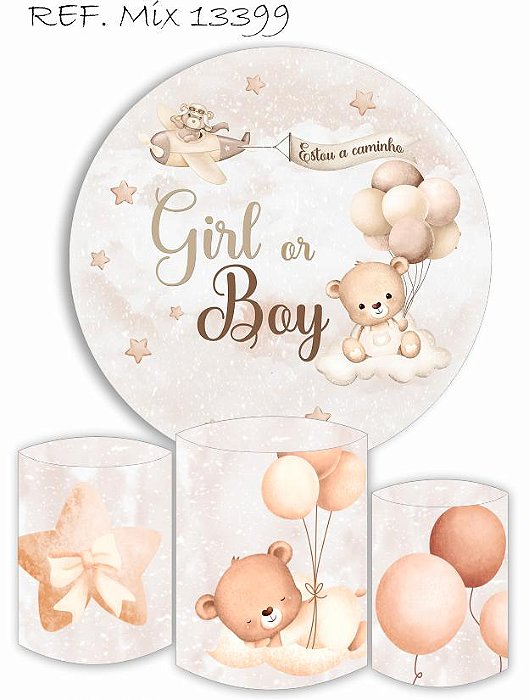 Kit Painel Redondo Sublimado Cha Revelação + Trio de Cilindros Veste Fácil