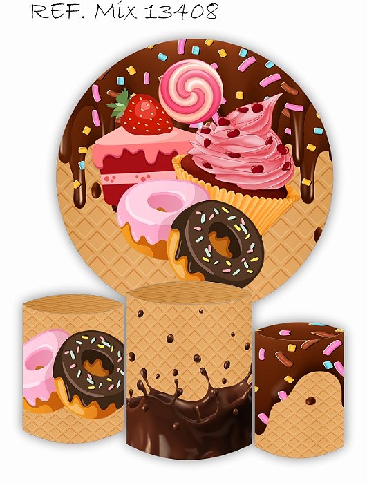 Kit Painel Redondo Sublimado Doces + Trio de Cilindros Veste Fácil