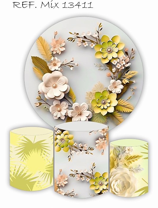 Kit Painel Redondo Sublimado Floral + Trio de Cilindros Veste Fácil