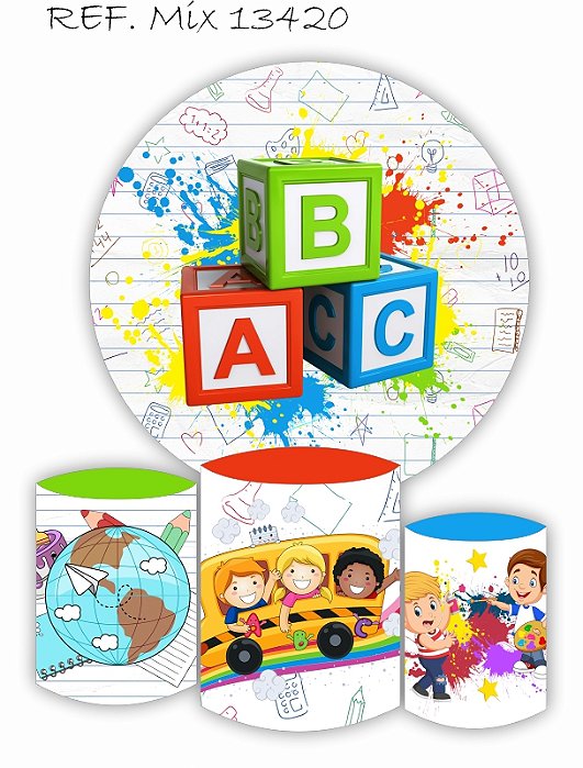 Kit Painel Redondo Sublimado Abc Escolar + Trio de Cilindros Veste Fácil