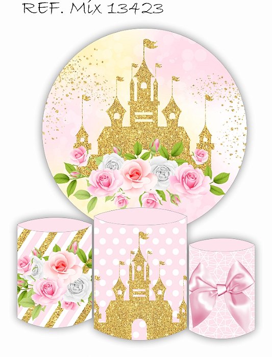 Kit Painel Redondo Sublimado Castelo + Trio de Cilindros Veste Fácil