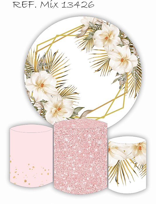 Kit Painel Redondo Sublimado Floral + Trio de Cilindros Veste Fácil