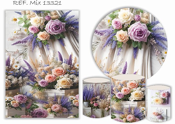 Kit Painel Redondo Sublimado Floral + Trio de Cilindros Veste Fácil + Painel Lateral