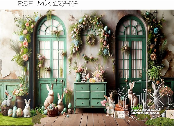 Fundo Fotográfico Sublimado Coelhos portas verde