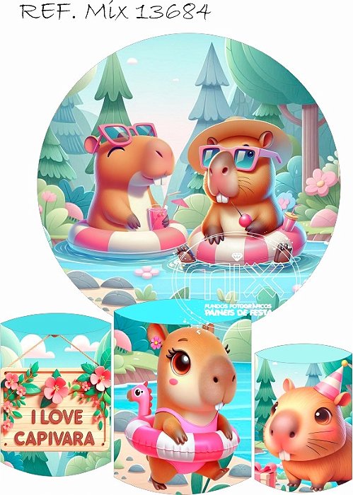 Kit Painel Redondo Sublimado  Capivara + Trio de Cilindros Veste Fácil