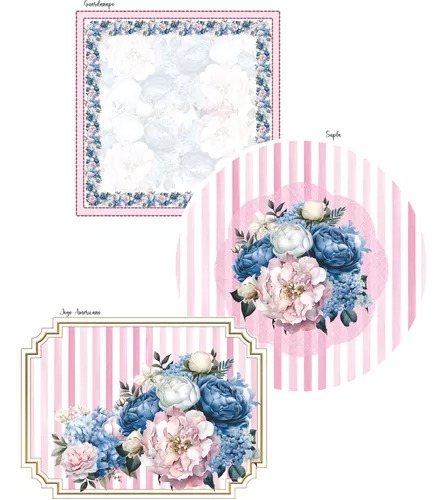 Kit 6 Supla+ Guardanapo+ Jogo Americano Decoração Mesa Posta Floral Listrado