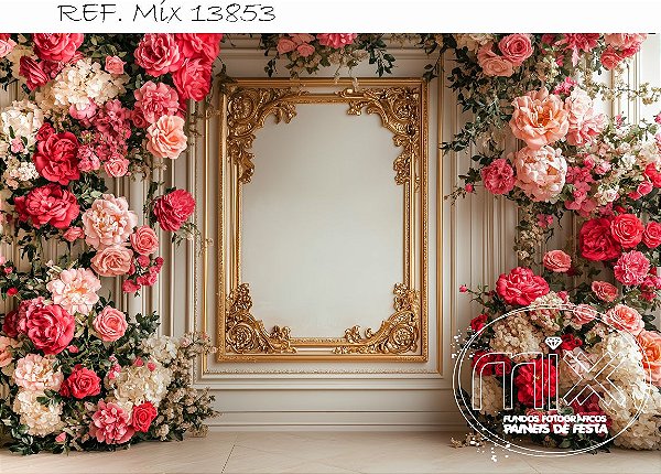 Fundo Fotográfico Boiserie Flores com dourado
