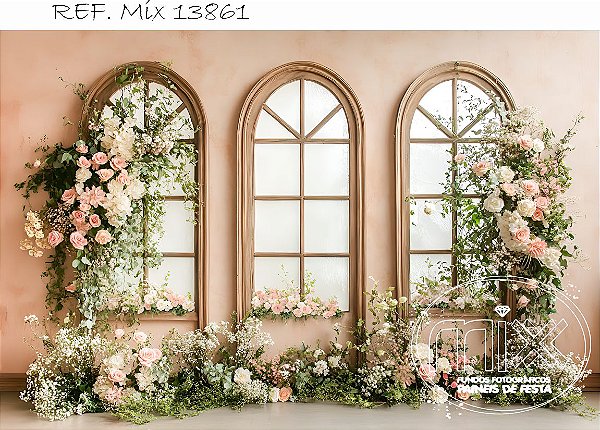 Fundo Fotográfico 3 janelas com flores claras