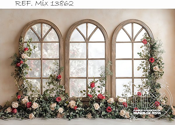 Fundo Fotográfico 3 janelas escuras com flores 3d