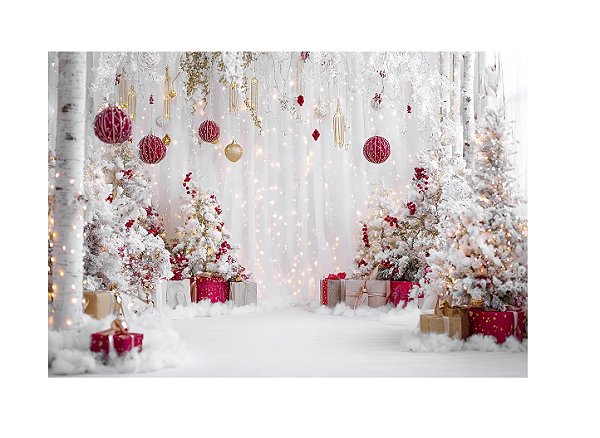Fundo Fotográfico Árvores de Natal Branca com luzes