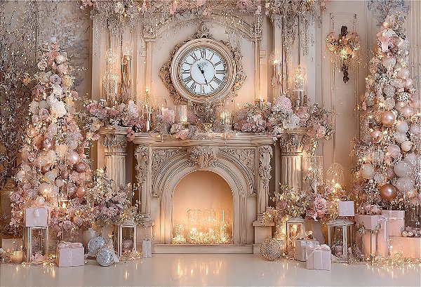 Fundo Fotográfico Lareira Natal Relógio