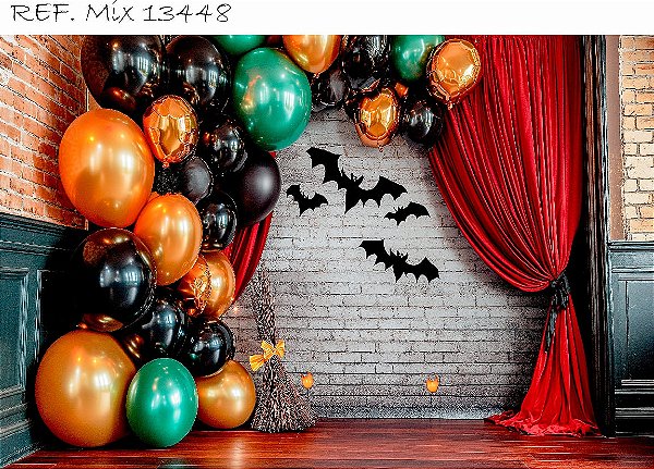 Fundo Fotográfico Halloween Morcegos Balões metalizados