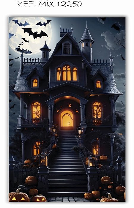 Painel Festa Retangular Em Tecido Halloween Castelo