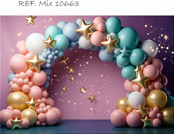 Fundo Fotográfico Smash the cake Estrelas Arco de Balões