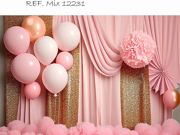 Fundo Fotográfico Smash the cake Balões Cortina Rosa