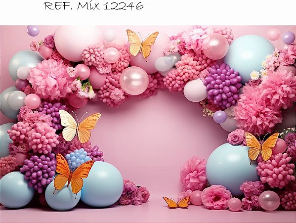 Fundo Fotográfico Sublimado Balões, Borboletas e flores rosa