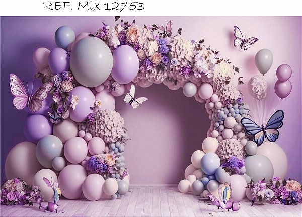 Fundo Fotográfico Balões Borboletas Lilás