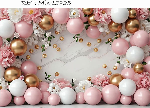 Fundo Fotográfico Balões Rosa e Dourado