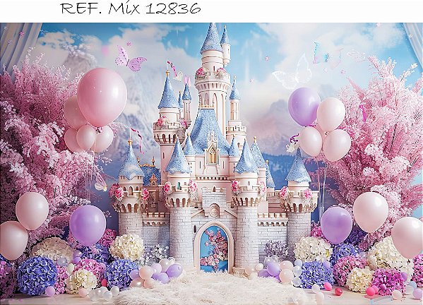 Fundo Fotográfico Balões Castelo Azul e Rosa
