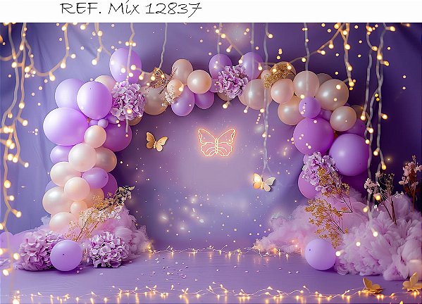 Fundo Fotográfico Balões e fundo lilás Borboleta