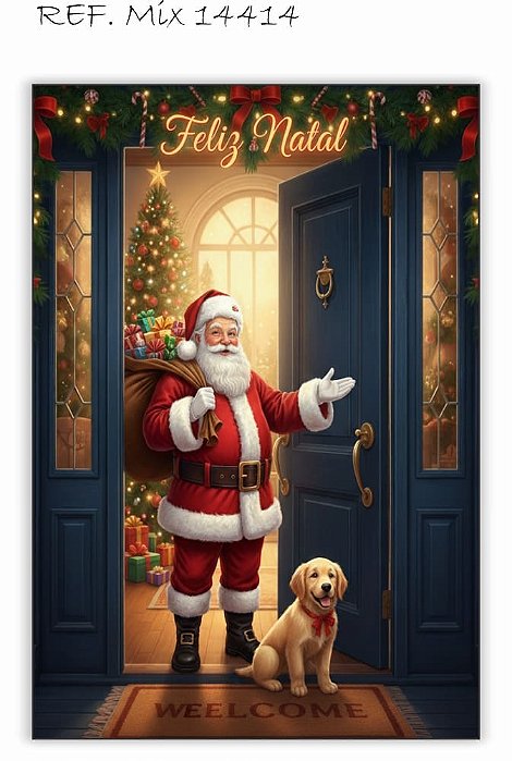 Painel Festa Retangular Em Tecido Papai Noel Dourada