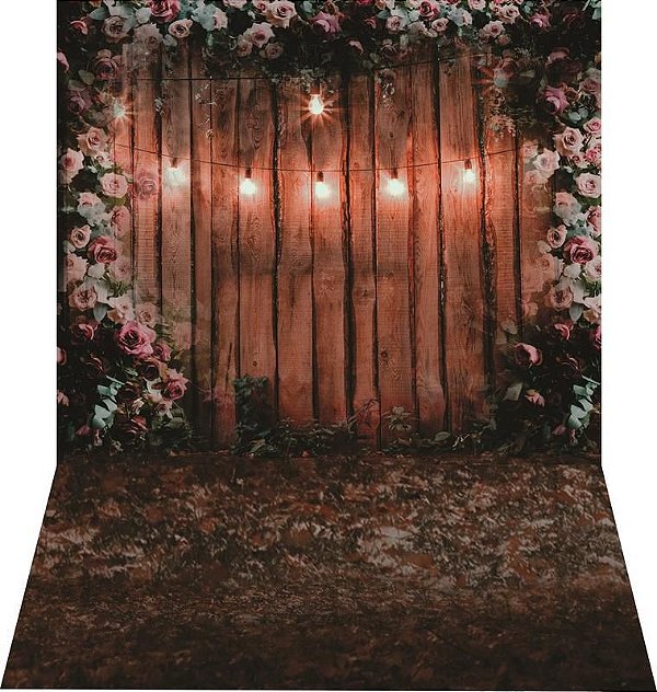 Fundo fotográfico para fotografias em tecido madeira,flores e luzes