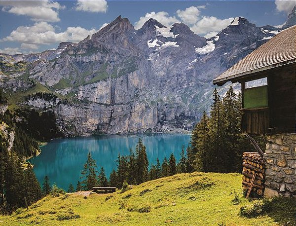 Fundo fotográfico em tecido lago montanhas