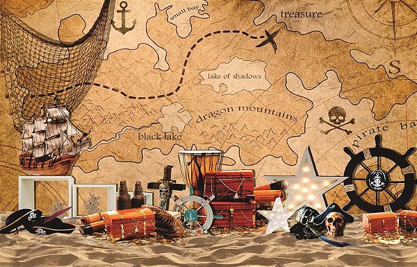 Fundo Fotográfico em tecido cenário mapa pirata