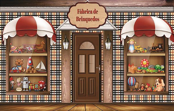Fundo Fotográfico em tecido cenário fábrica de brinquedos