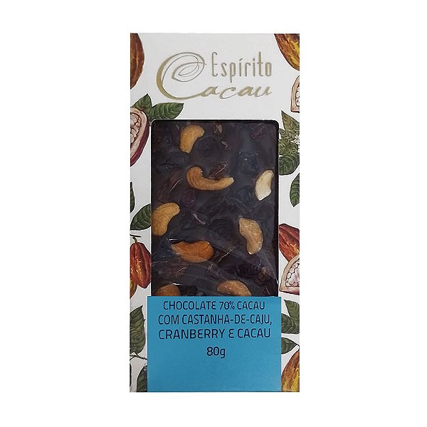 Tablete de Chocolate 70% Cacau c/ Castanha de Caju - Cranberry - Cacau - 80g