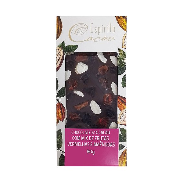 Tablete de Chocolate 61% Cacau c/ Frutas Vermelhas e Amêndoas - 80g