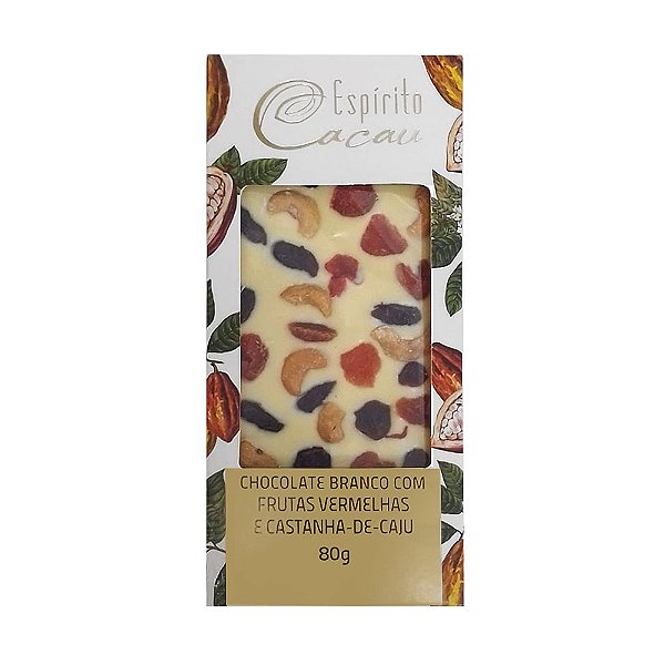 Tablete de Chocolate Branco c/ Frutas Vermelhas e Castanha de Caju - 80g