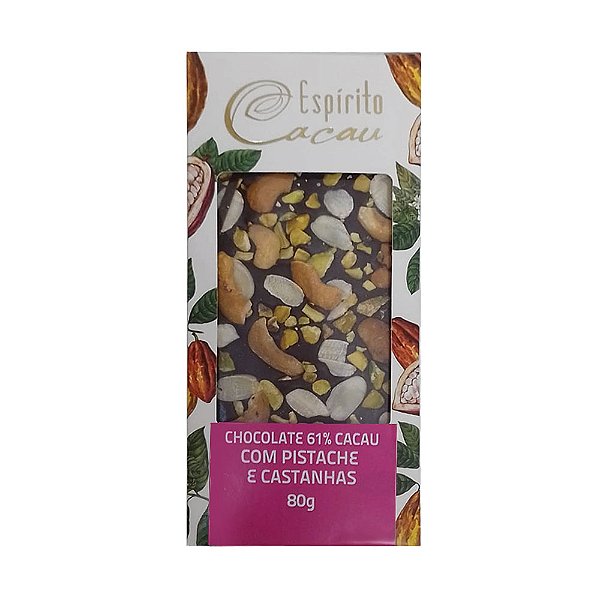 Tablete de Chocolate 61% c/ Pistache e Castanhas - 80g