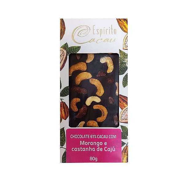 Tablete de Chocolate 61% cacau c/ Morango e Castanha de Caju - 80g